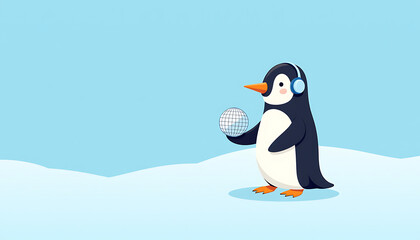 Obraz premium A cheerful cartoon penguin holding a disco ball, wearing headphones, on a snowy light blue background.