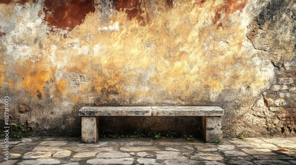 Poster aged stone bench against a weathered wall with peeling paint creating a rustic and tranquil outdoor 