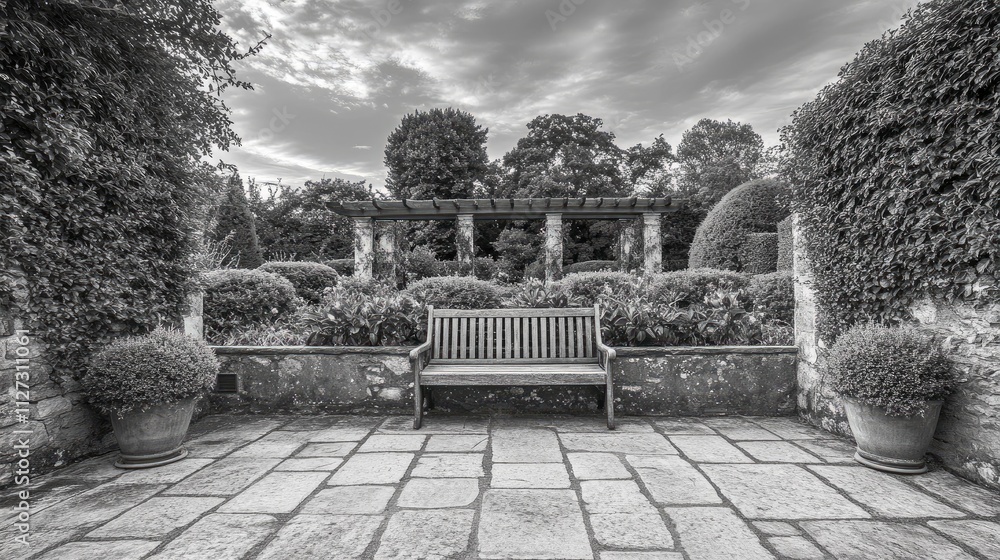 Poster antique bench in a serene garden setting framed by lush greenery and stone pathways captured in stri