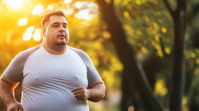 Overweight man jogging in a park during sunset, promoting health and fitness for World Obesity Day