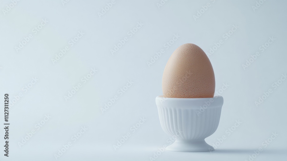Poster cooked egg in a white egg cup on a minimalistic white background with ample copy space for design an