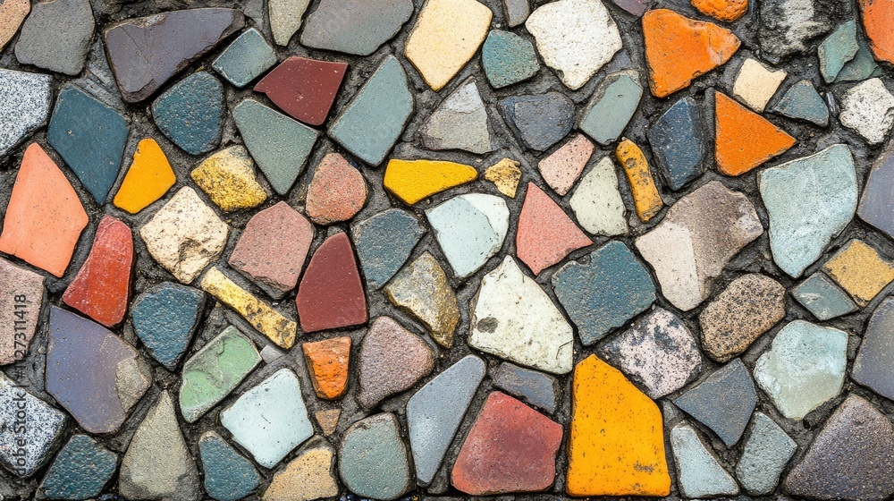 Aufkleber colorful mosaic cobblestone pavement design featuring various geometric shapes and textures in a clo