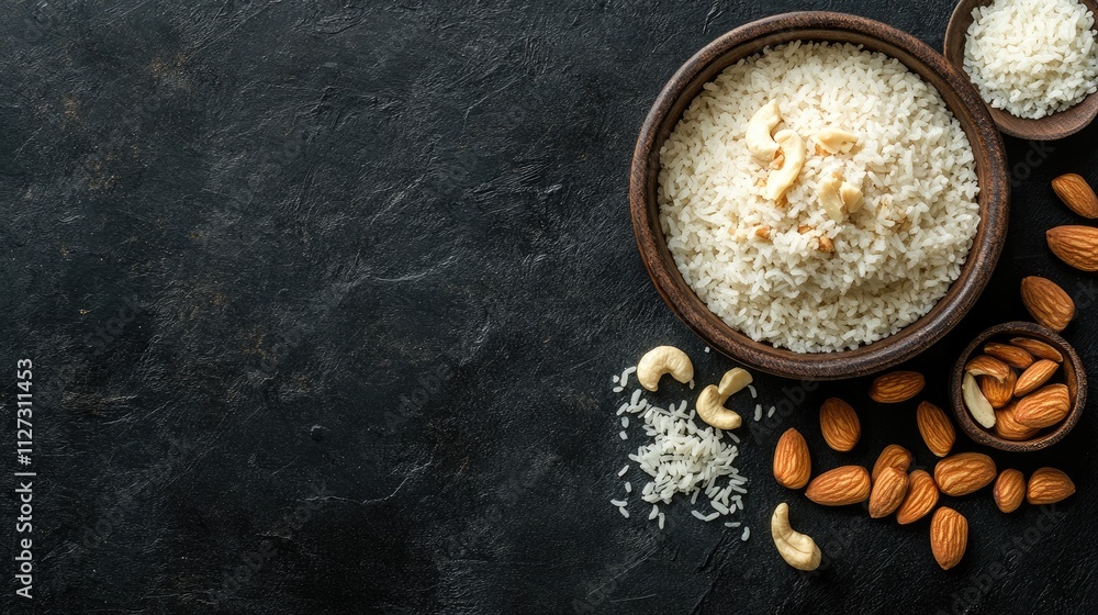 Poster bowl of creamy rice pudding with cashews and almonds on dark background with rice scattered and copy