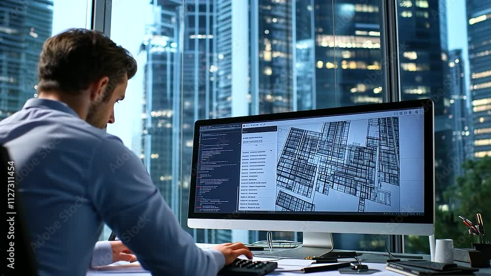 Poster in a high-rise office, an architect works with a calculator on construction costs, surrounded by lar