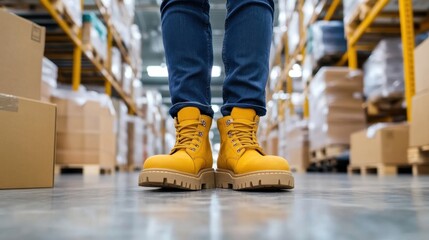 Fototapeta premium Close-up of yellow work boots worn in a warehouse environment with shelves and boxes in the background.