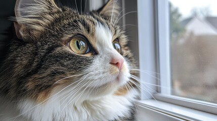 Fluffy domestic cat with large eyes gazing out the window, capturing a moment of curiosity and serenity in a cozy indoor setting.