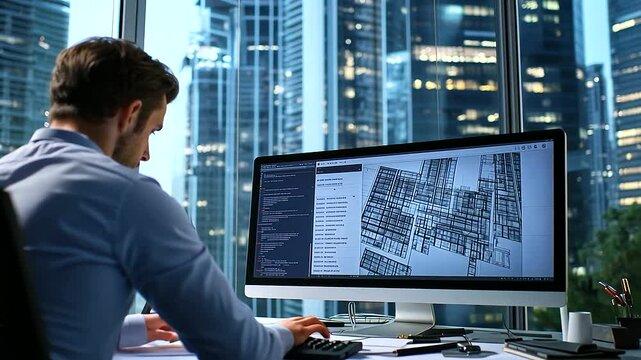 In a high-rise office, an architect works with a calculator on construction costs, surrounded by large architectural blueprints and a computer displaying cost analysis software.