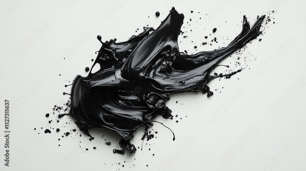 Aufkleber Black paint splatter on a white background creating an abstract artistic composition with dynamic textures and contrasts.