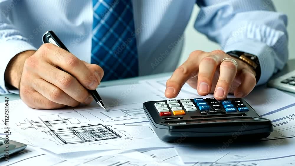 Poster an architect sits at a desk in a modern office, typing numbers into a calculator, with plans and ske