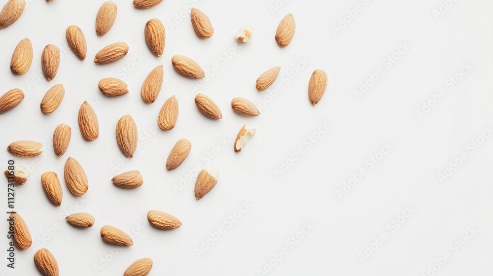 Poster raw almonds scattered on a clean white background showcasing their natural texture and color for foo