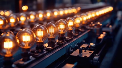 Conveyor belt with glowing light bulbs in automated lamp production workshop manufacturing process
