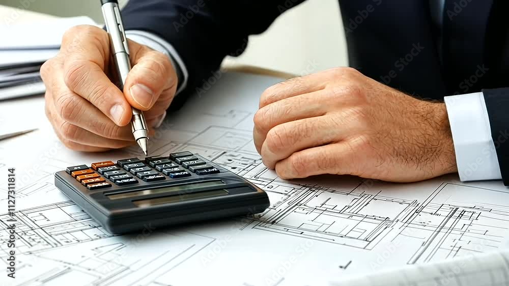 Poster an architect sits at a desk in a modern office, typing numbers into a calculator, with plans and ske