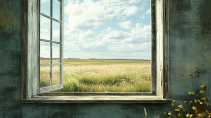 Scenic view through an old window showcasing a vibrant field and cloudy sky in the background.