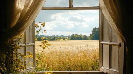 Charming view from a rustic window overlooking a sunlit field with golden grass and distant trees...