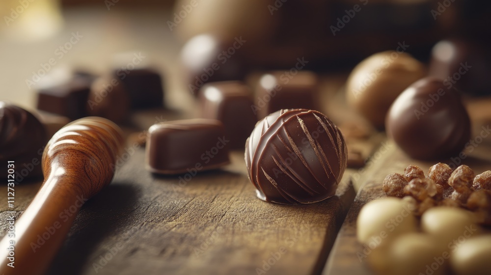 Poster assorted gourmet chocolates and pralines on rustic wooden surface with selective focus and natural l