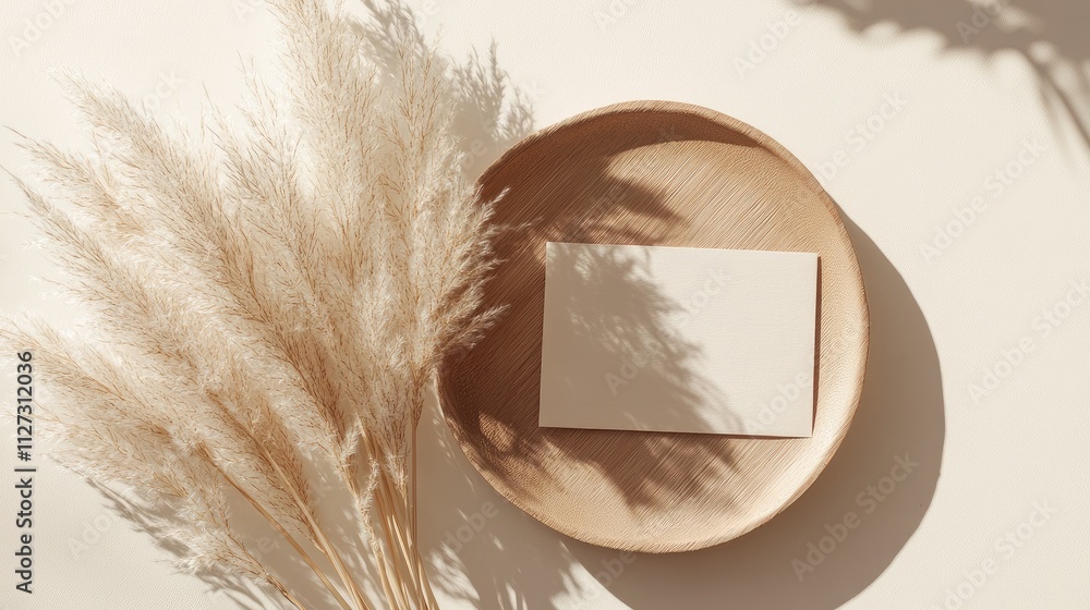Poster elegant blank greeting card mockup with pampas grass on a wooden plate set against a minimal beige b