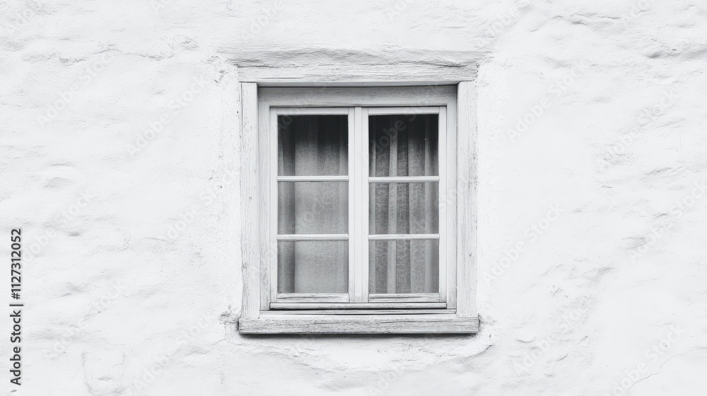 Poster minimalist white wall featuring a rustic window with curtains creating a serene and timeless aesthet