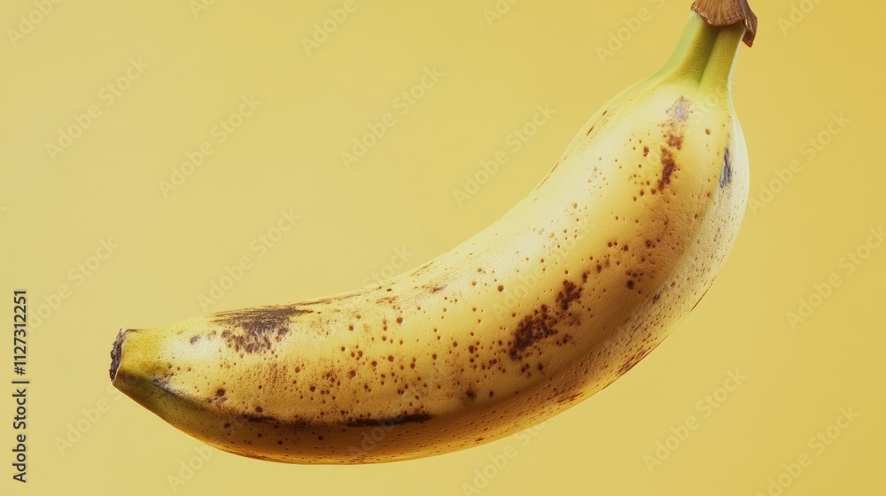 Poster Ripe banana with brown spots isolated on a vibrant yellow background creating a fresh and inviting fruit image for food photography.