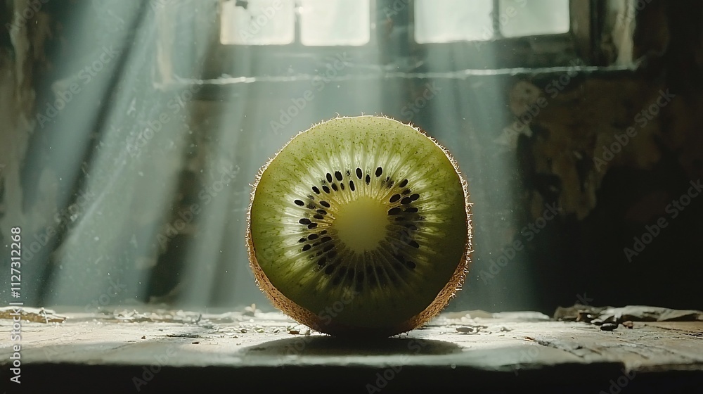 Poster sunlit kiwi fruit slice on rustic surface.