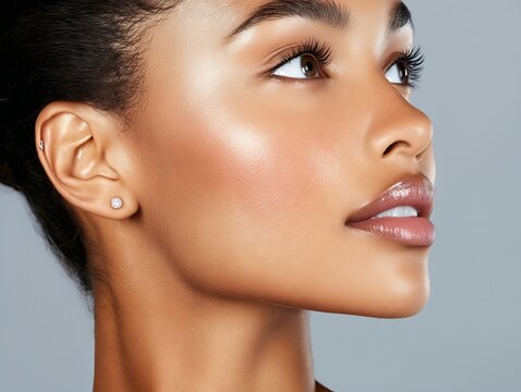 A close up of a woman's face with a diamond earring