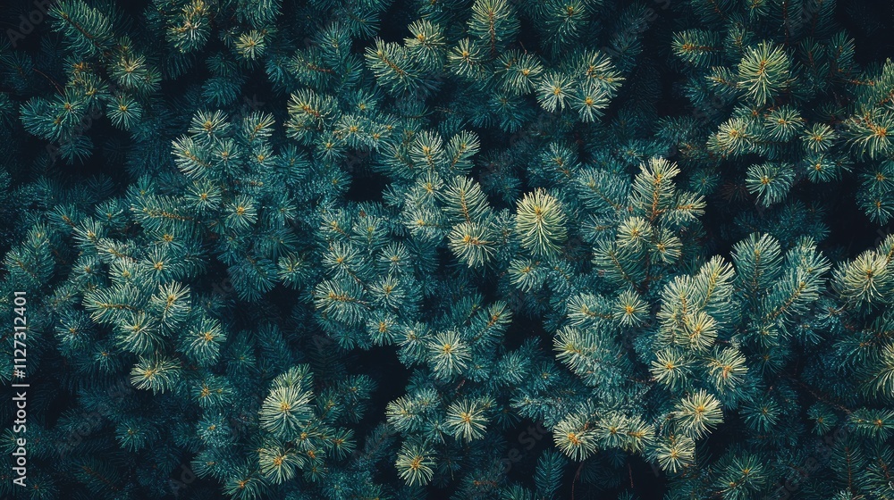Poster abstract aerial view of conifer evergreen pine tree branches with dew drops conveying a serene outdo