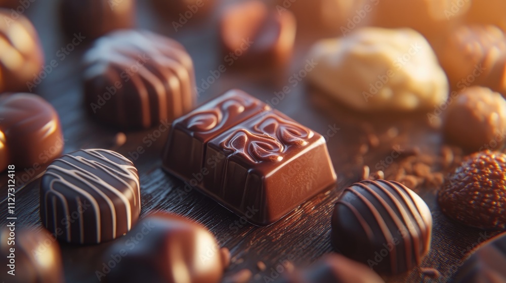 Poster assorted gourmet chocolates and pralines on wooden surface with soft focus and warm lighting in a lu