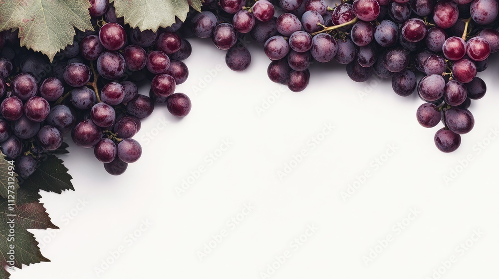 Poster Fresh red grapes with green leaves arranged on a white background creating a vibrant and inviting layout for a food-themed design