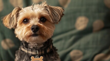 Crossbreed dog with a bone shaped collar tag posing for the camera on a cozy background