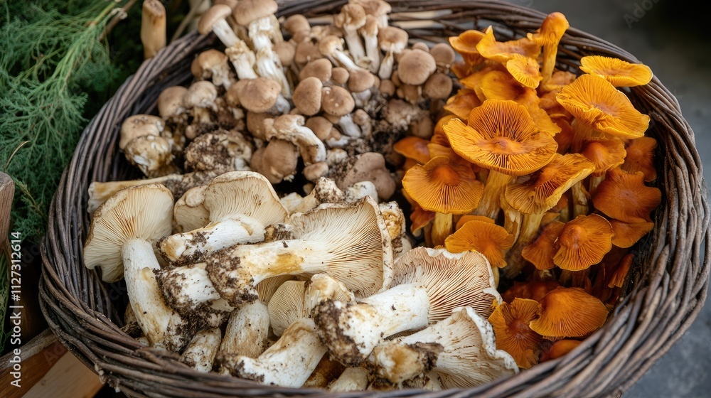 Poster diverse collection of poisonous and edible mushrooms in a rustic basket from the forest