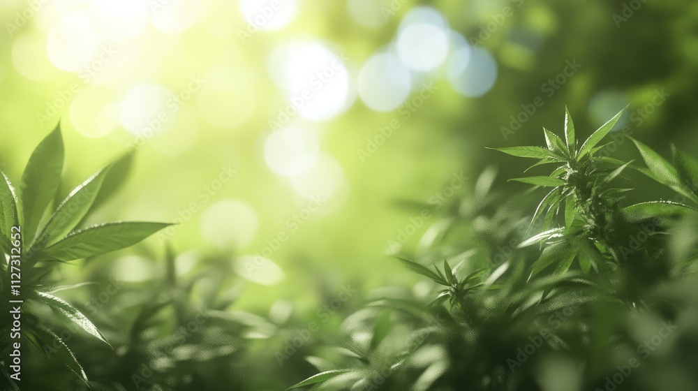 Poster cannabis leaves in a lush green environment with a soft blurred background showcasing natural light 