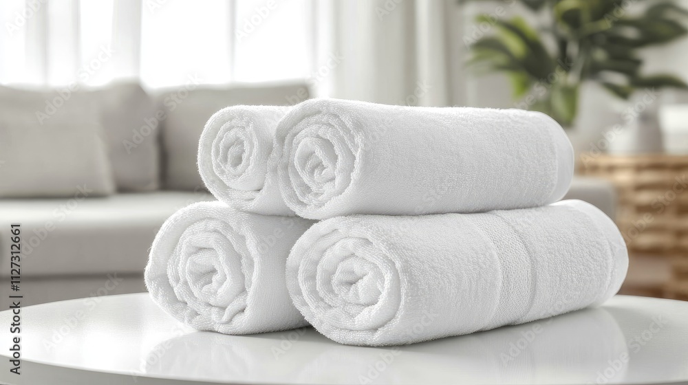 Poster elegant stack of freshly rolled white towels on a modern table in a bright and airy living space wit