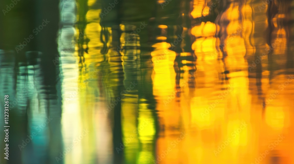 Poster colorful abstract reflection in water with blurred glass building elements creating a dynamic visual