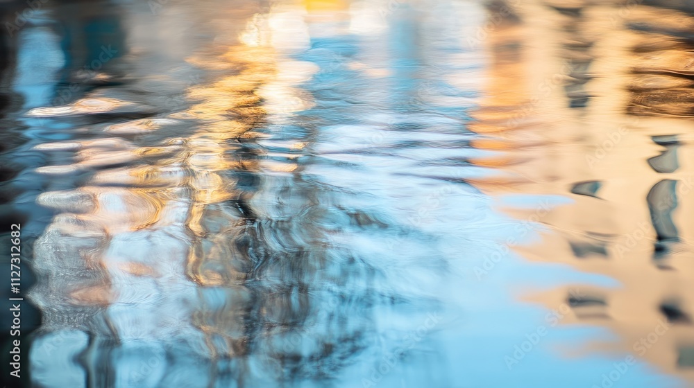 Poster abstract reflection of glass building in water with blurred colors and gentle ripples creating a ser