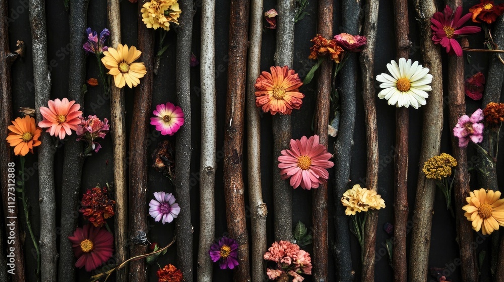 Aufkleber Wooden sticks and diverse colorful flowers arranged artistically on a textured background creating a rustic and vibrant floral display