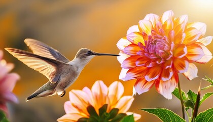 Naklejka premium A Vibrant Hummingbird in Flight Capturing the Moment of Nectar Collection from a Stunning Flower in a Lush Garden Setting