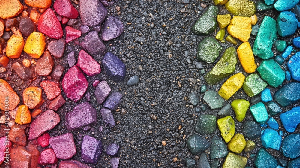 Poster colorful abstract background featuring wet asphalt texture with vibrant stones creating a striking c