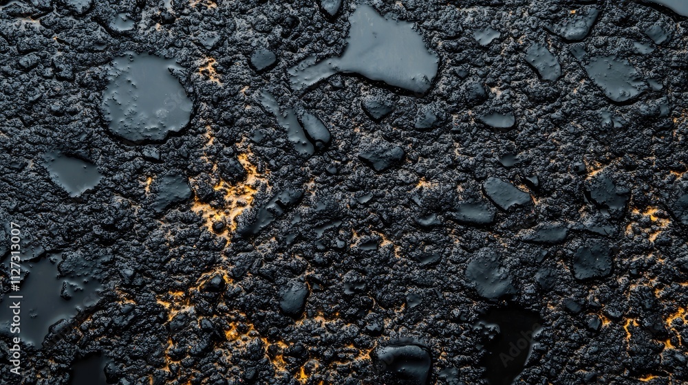 Poster textured black asphalt surface with colorful abstract patterns and wet appearance for artistic backg