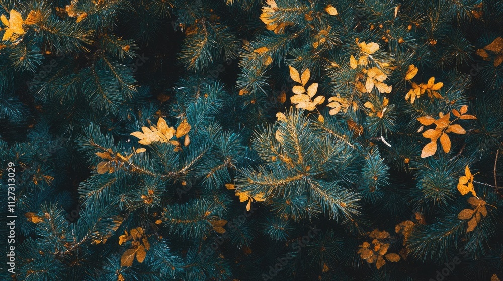 Poster Autumn foliage blending with conifer branches creating a serene nature scene showcasing seasonal transitions and color contrasts