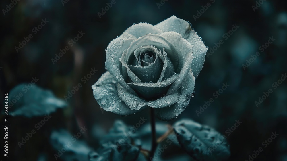 Poster elegant close-up of a dewy rose flower showcasing intricate petals in a serene garden setting with a