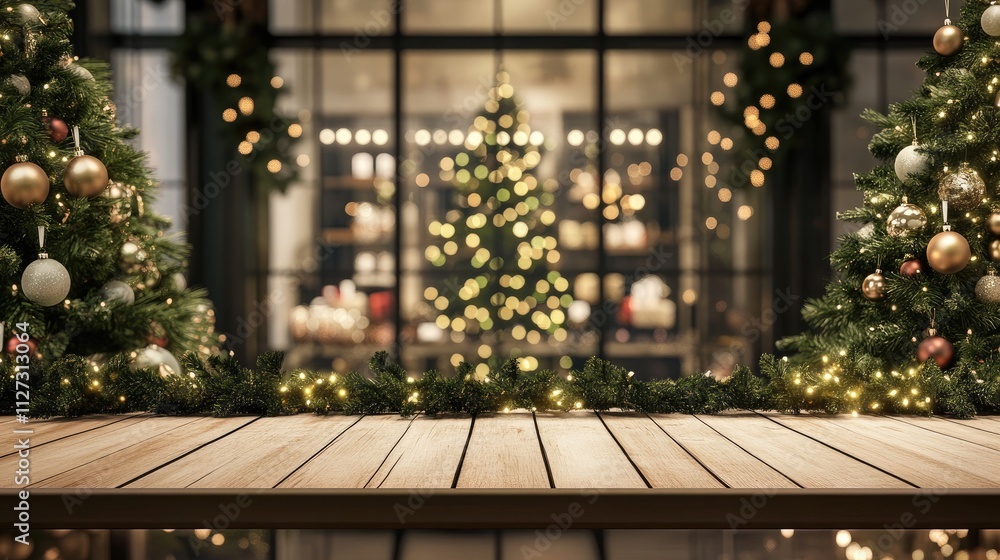 Poster cozy holiday interior with blurred christmas tree and decorated windows ideal for product display on