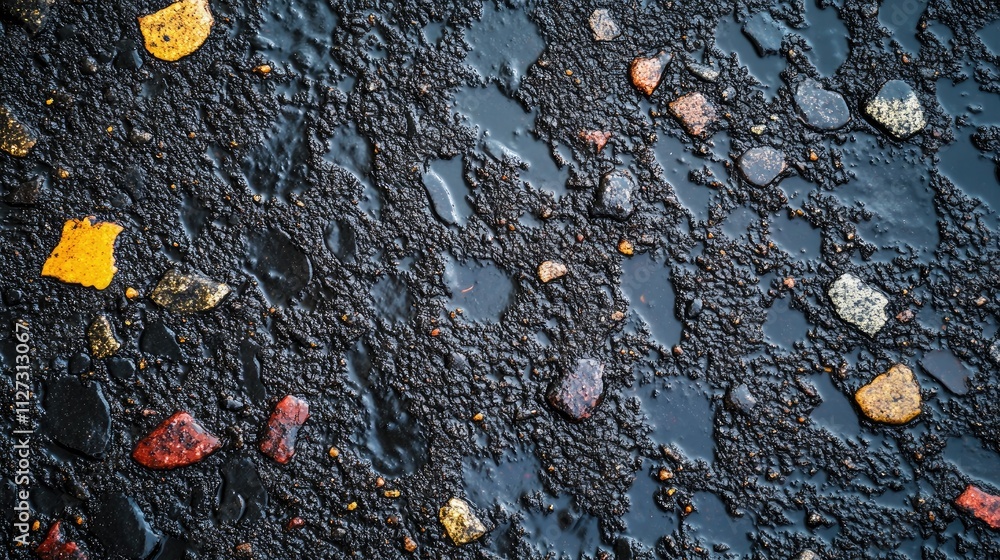 Poster colorful abstract wet asphalt texture with pebbles creating a visually striking and dynamic backdrop
