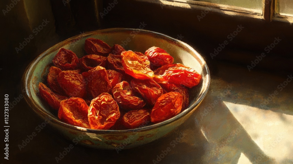 Aufkleber bowl of sun-dried tomatoes displayed by a window with soft natural lighting and textured surface sho