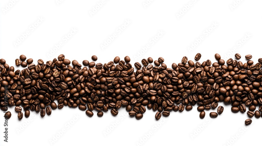 Poster coffee beans spread across a white background showcasing their rich color and texture with a clean c