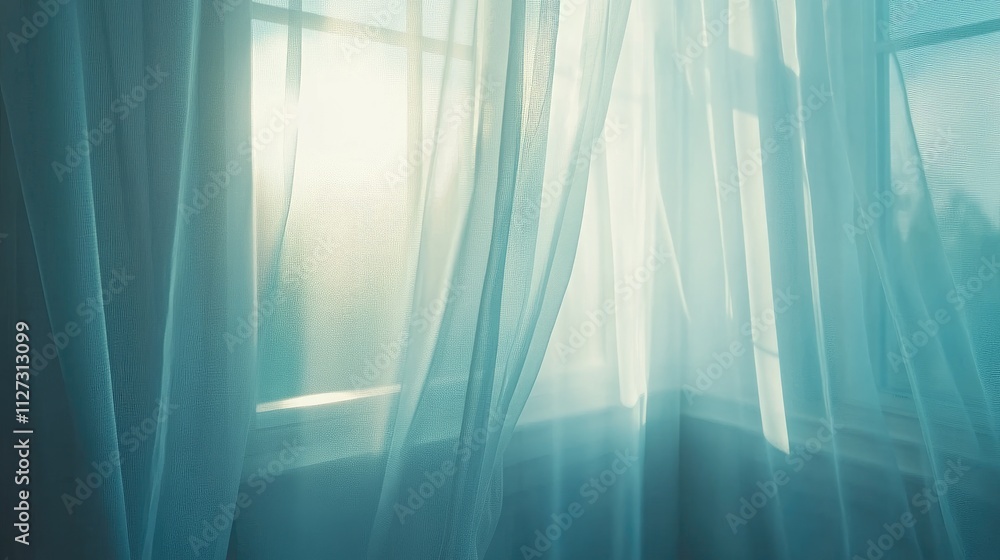 Poster light streaming through sheer curtains in a bright bedroom creating a serene and dreamy atmosphere w