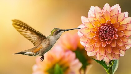 Naklejka premium A Hummingbird in Flight Captivating Beauty of Nature as it Dances Towards a Vibrant Flower to Collect Nectar in a Stunning Digital Artwork