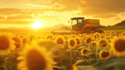 Combine harvester at sunset in a sunflower field showcasing autumn harvest and serene agricultural landscape in golden light
