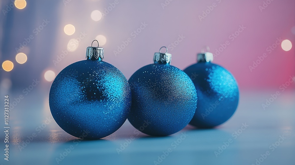 Poster Elegant blue Christmas ornaments arranged in a studio setting with soft bokeh lighting enhancing the festive atmosphere.