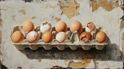 Fresh and broken chicken eggs in a carton on a textured vintage background showcasing natural rustic colors and farm freshness