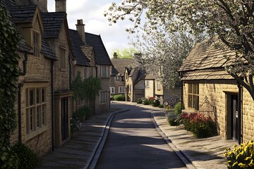 A serene village street lined with charming stone houses and blooming trees.