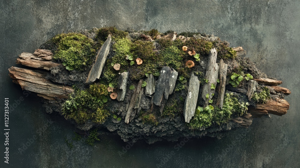 Poster abstract nature composition featuring lichen moss and old snags viewed from above with ample copy sp